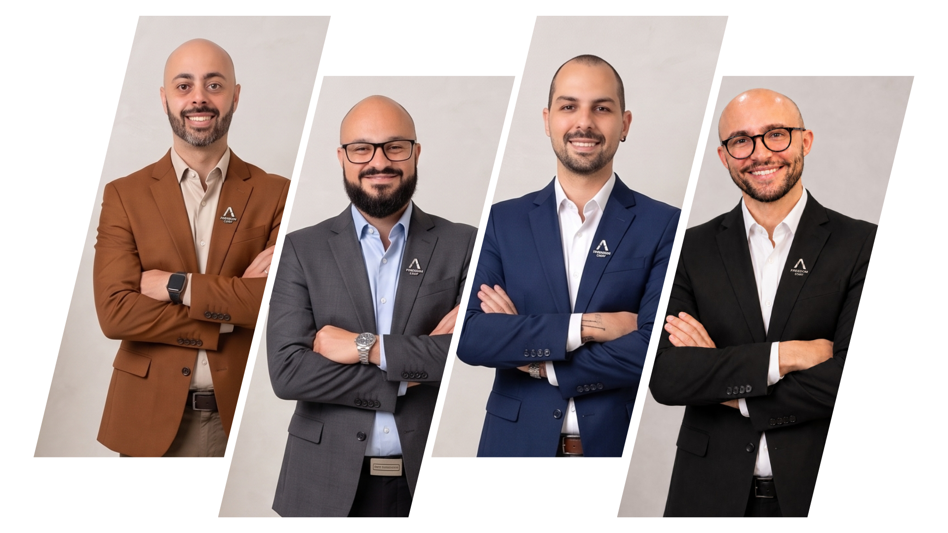Os sócios da Freedom Start, de braços cruzados, à frente do painel do Freedom Corp
